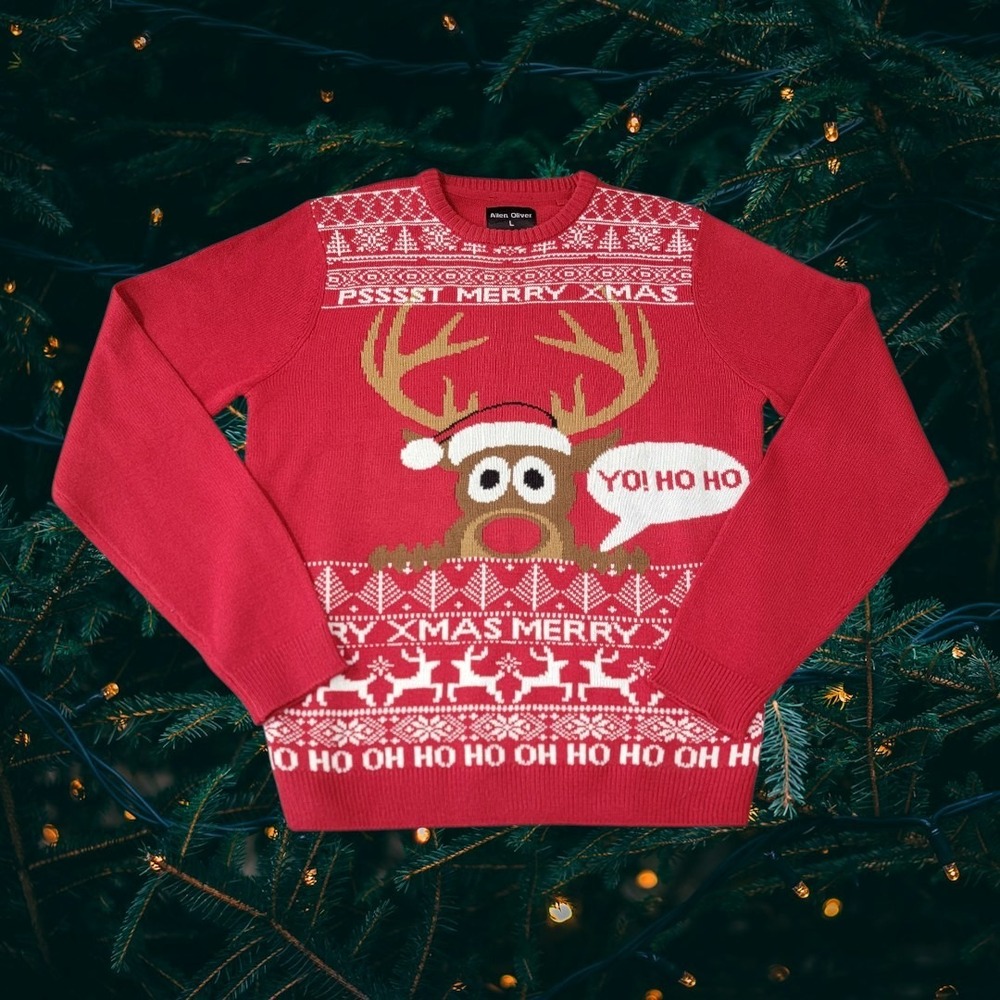 Ugly Christmas Sweater Reindeer Adult Size Large Red Holiday Santa‎ Allen Oliver